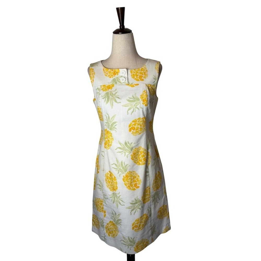 Brooks Brothers Pineapple Print Shift Dress Womens 4 Petite White Yellow Preppy - Picture 2 of 13